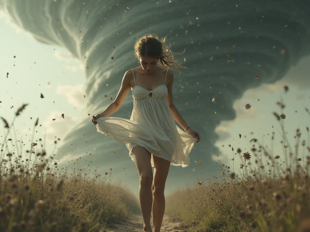 Sexy girl from Kansas being thrown through the air by a massive tornado, long ginger hair, wind ripping her clothes off, massive busty breasts, very thicc butt and thighs, THICC, inside a tornado