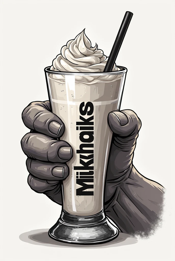 a logo for a coffee shop, with a shakespare hand holding a milkshake with whipped cream and on top of the whipped cream a skull. Below the name “MilkShakespare” in brown and blue tones