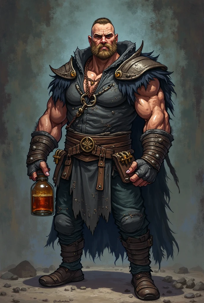 Dnd rock gnome, large nose, athletic build, long brown hair, manbun, short trimmed beard, fantasy warlock, purple glow, dark cloak, holding a rum bottle, wearing a magic crystal necklace, anime warrior, manga artstyle, sailor