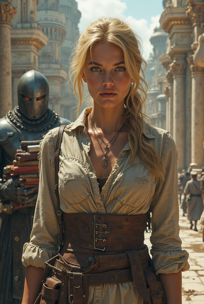 Blonde girl teacher on the background of zombie steampunk