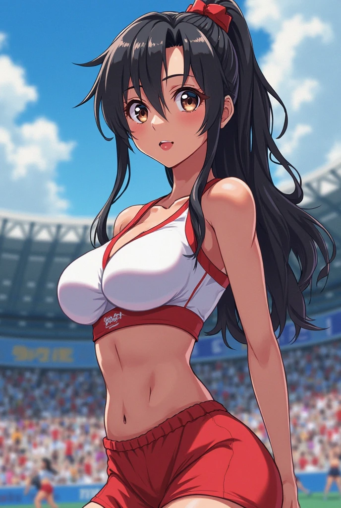 (Best Quality, Masterpiece:1.2), (detailed woman), 1girl, solo, Taiwanese woman, long black hair, With bangs,1 female in, 28 yo, Beautiful face, glossy lips, red lipstick, closed mouth, smirk, big breasts, deep cleavage, pale skin, smiling, teeth, ((Wearing: Black tight tank top, Tight Denim booty shorts, black high-heel shoes)), ((holding a flag:1.3)), ((Background: Outside, empty race track)), the woman is an race queen,