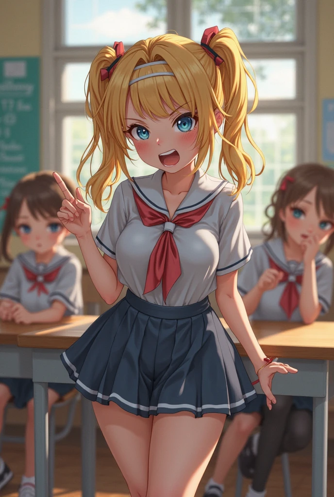 Japanimation, eroge, (((masterpiece))), an extremely beautiful detailed classroom, absurd resolution, absurd detailed, 16k, beautiful detailed girl, cross legs, blond hair, twin tail, a girl sitting in a chair, grumpy face, azure eyes