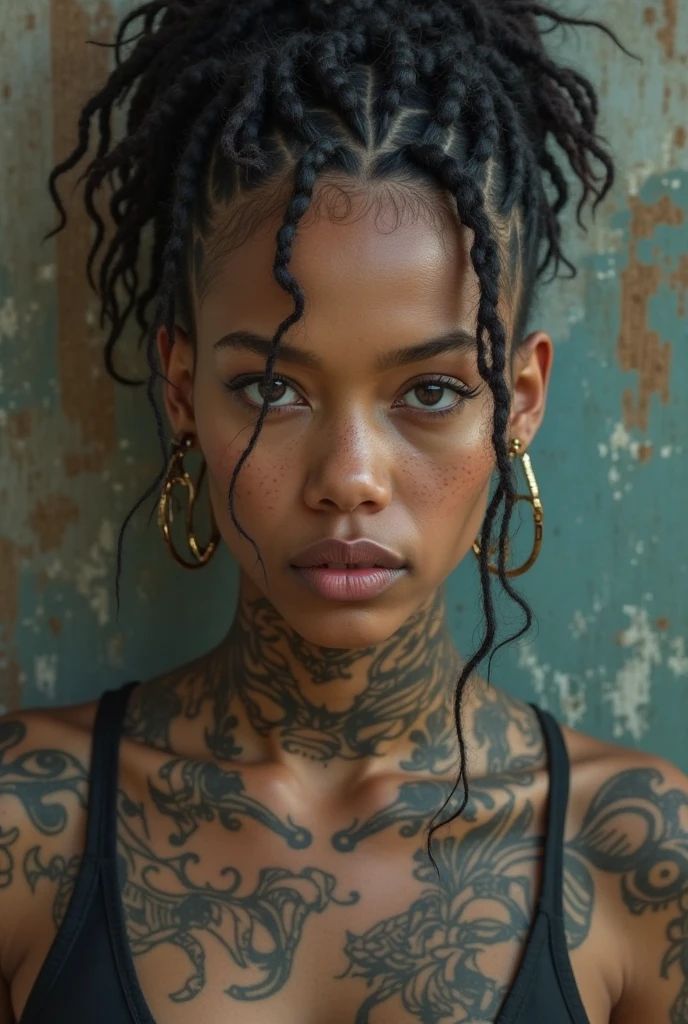 Sexy hot young black girl in dynamic sensual pose. Portrait original photography, surrealism, detailed face, intricacy, realistic skin texture, hot body, athletic physique, Brazilian girl, tattooed girl, wearing somewhat sexy clothes. Natural lighting. Dystopian abandoned background.