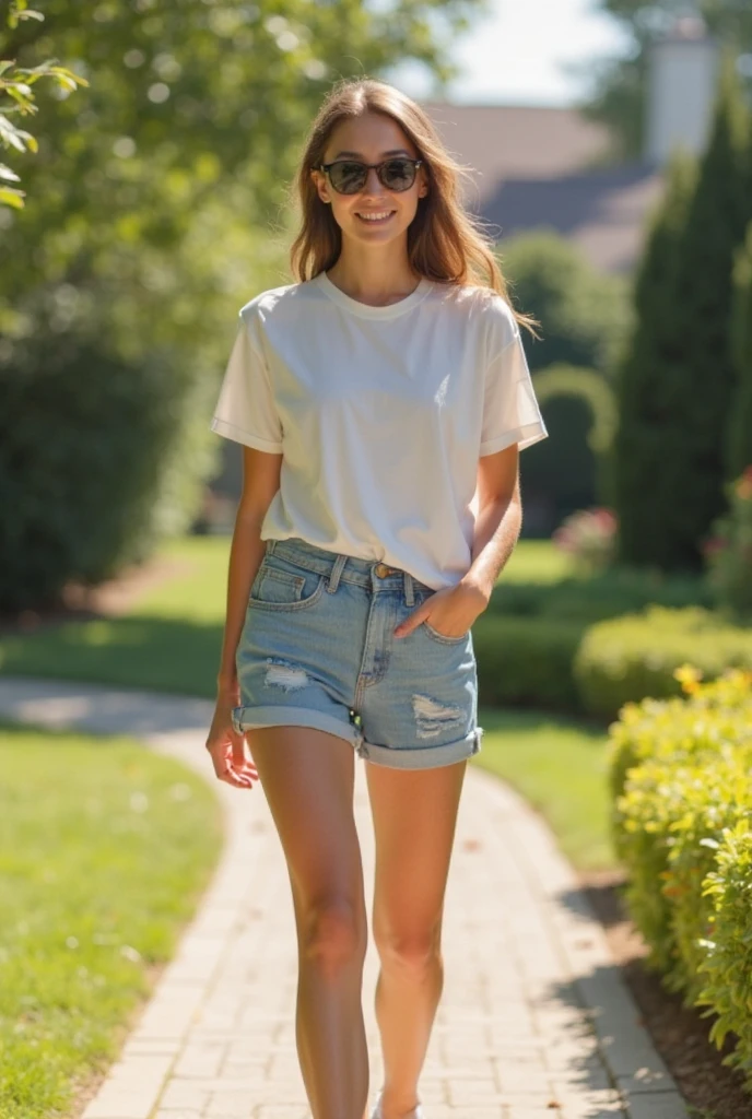 Foto einer Frau, Strukturierte Haut, blonde glatte haare, kariertes Flanellhemd mit Distressed-Boyfriendjeans, Cowboy-Schuss, Im Park spazieren, perfekte Augen, (Kerzenlicht,Chiaroscuro), 160 Farbhalter, gedreht mit ARRI ALEXA 65, bokeh, scharfer Fokus auf das Motiv