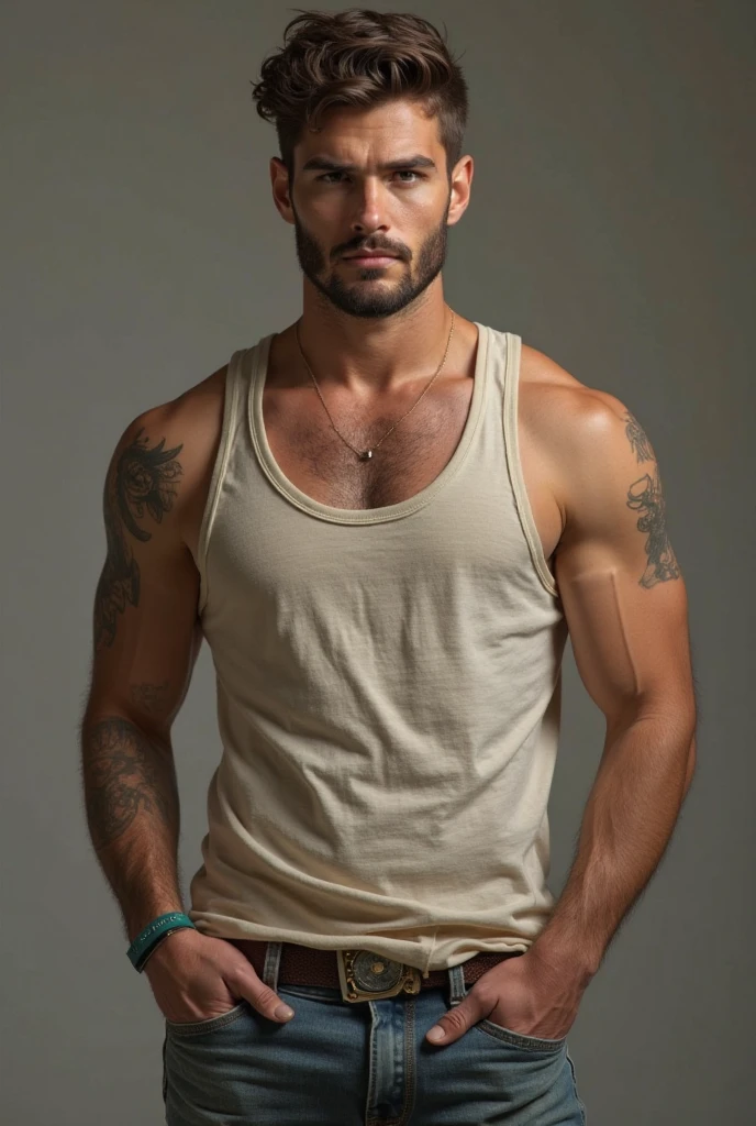 the young arabic man in blue torn tank,pose in the closet with his tattooed arms,bushy armpits,proud,in the style of portraits with soft lighting,dark white and light amber,zeiss batis 18mm f/2.8,hyper-realistic portraiture,orientalist scenes,golden light,mist,<lora:artfullyfeinted-2.0:1>,white briefs,bulge,bushy naval,hairy chest,natural lighting, flabby, 18yo, slim. lanky, tall, hairy thighs, handsome face, detailed anatomy,few extra pounds,