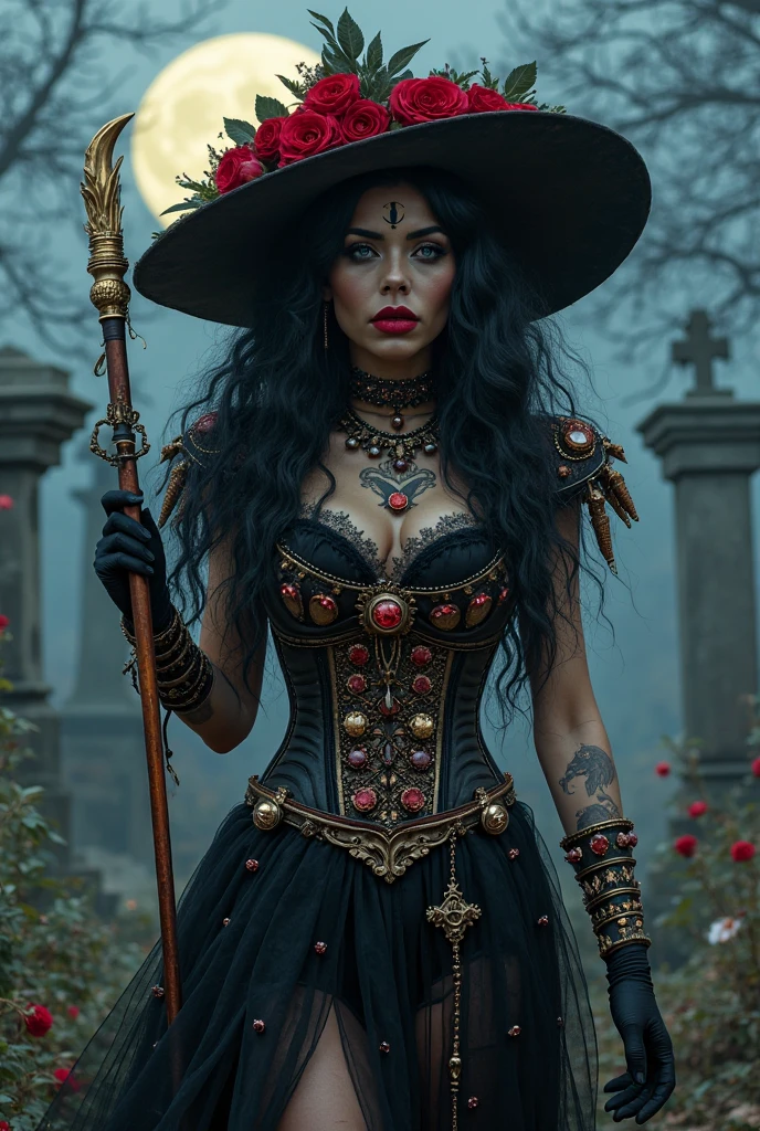 Beautiful 20 year old woman, large tits, with short messy wavy pink hair, wearing a red corset with black accents and black cloak, standing in a foggy cemetery at night, (red lipstick:1.5), realistic skin texture, (cross necklace:1.2), (looking at camera:1.3), (Steampunk and Gothic Art:1.4), photo realistic, 8k