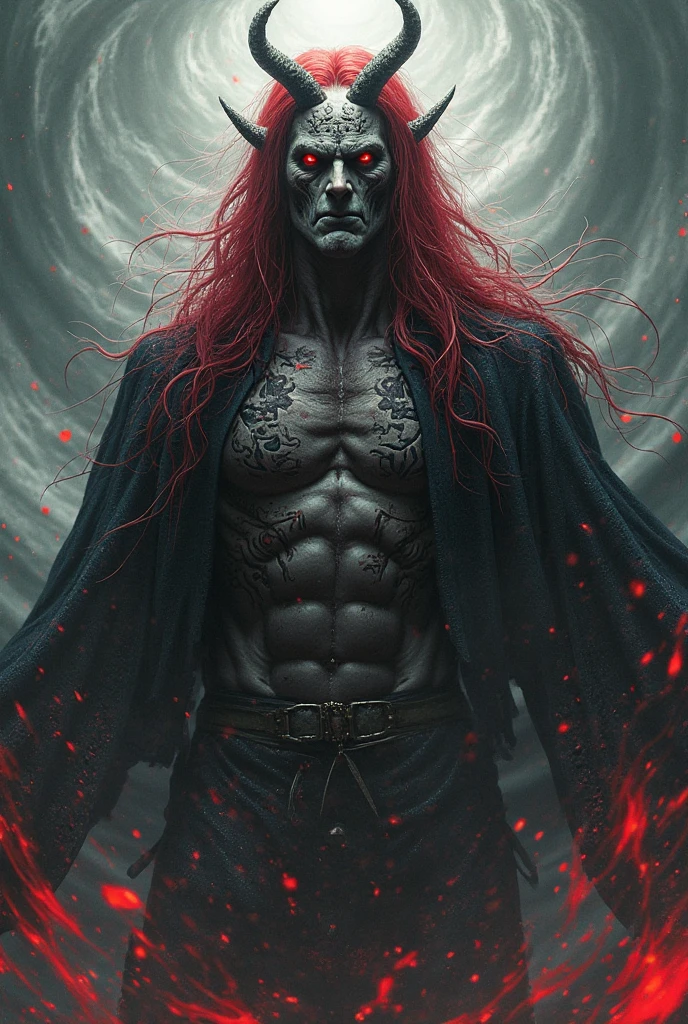 A tall man, long pink hair, sculptural body, greeneyes.
(Devil)