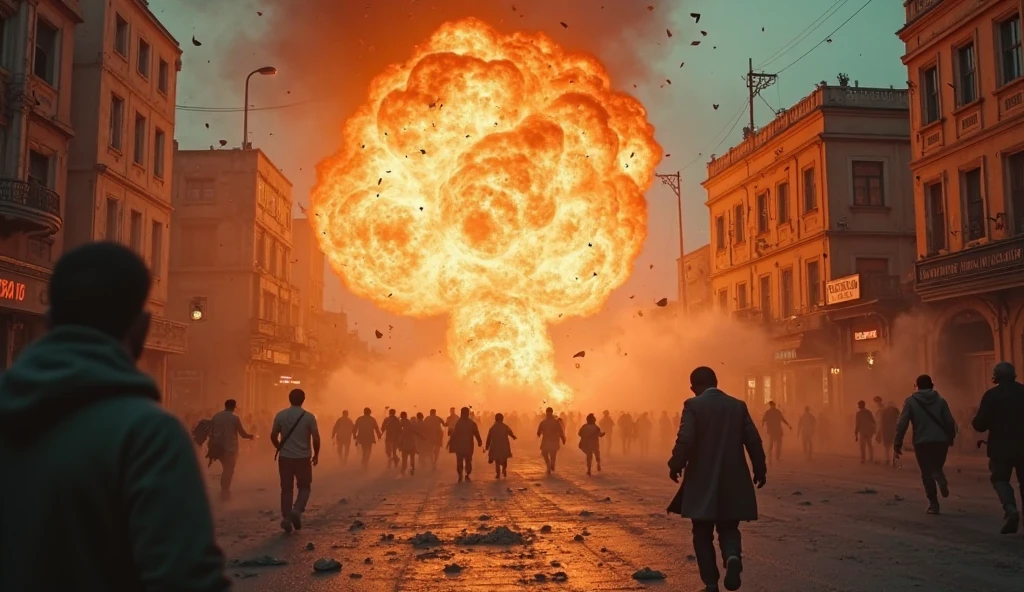 "Alien invasion in London, with dramatic explosions and raging fires."