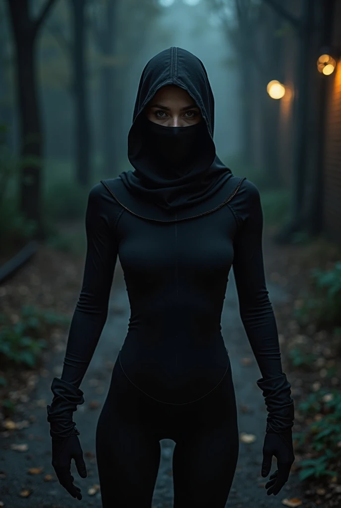 Imagine Scarlett Johansson as Ravenna in a moonlit forest, where twisted trees cast long, eerie shadows on the forest floor. She moves silently through the dense underbrush, her tight, shadowy leather armor blending seamlessly with the darkness. A dark hood obscures her face, revealing only her piercing eyes that scan the surroundings with precision. The air is thick with mist, and the silence is broken only by the soft rustling of leaves. Emphasize Johansson’s stealth and enigmatic aura as she prepares to strike from the shadows.