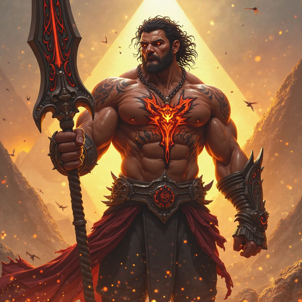 Depict a powerful, battle-hardened warrior with an imposing presence, standing in the heart of a raging inferno. The warrior is shirtless, revealing a chiseled, muscular torso glistening with sweat, and he holds a long, ancient sword in his right hand, the blade glowing with an ethereal light. His large, black wings are engulfed in flames, spreading wide behind him, as if they are born from the fire itself. The flames around him twist and turn, forming the haunting image of a colossal skull with blazing eyes, grinning ominously in the background.  The warrior's face is shadowed but determined, with a fierce gaze that pierces through the chaos. His dark pants and boots are tattered from countless battles, and a red sash tied around his waist flutters in the fiery winds. The environment is ablaze with vibrant oranges, reds, and yellows, casting an intense, fiery glow that contrasts against the dark, ominous sky. The scene is both awe-inspiring and terrifying, capturing a moment of ultimate power and defiance in a fantastical, apocalyptic world
