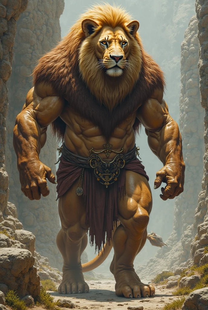 Lion, by frank frazetta, solo, abs, pecs, male, badass stance, pants, detailed, masterpiece, best art,