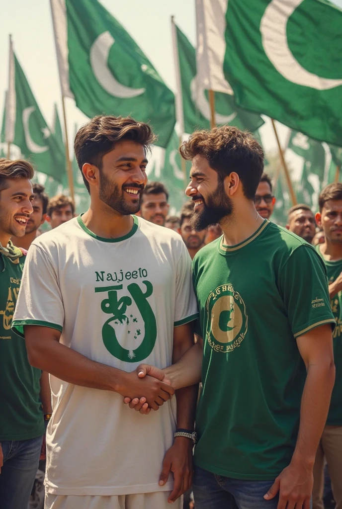 "Create an image showing a group of Pakistani youth holding Pakistan flags and a political party flag. The political party flag should have three distinct sections: a vertical yellow stripe on the left, a vertical red stripe in the middle, and a horizontal green stripe at the bottom. Inside the green stripe, include a white half-moon and star, similar to the Pakistani flag. On the left side of the green section, vertically write 'PNP' in green. Below the green section, include a crown and star, with the text 'پاکستان نظریات پارٹی' written in Urdu. The atmosphere should be patriotic and celebratory, reflecting the unity and energy of the youth."