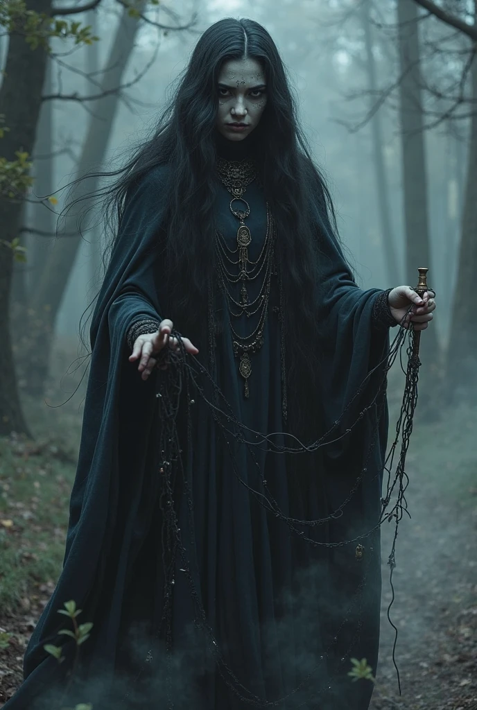 (upper thighs shot:1.3), A ferocious savage sorceress stands tall with painted face, wearing furs and cloak, skull crown, waving a glowing staff, her glowing red eyes glowing with evil, her braids swayed wildly as she cast the spell, and scars were etched on every inch of her body, proving her madness. She changed positions in the magic circle, take a wild and rude steps, and continued to cast spells, embodying the violent spirit of the wizard. Her spells constantly attack enemies.
from below, realistic,