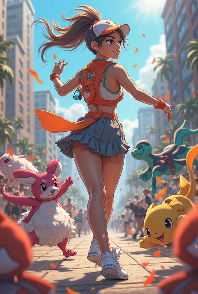 A determined cute woman pokemon trainer, tosses out her pokeball summoning a confused naked woman in pokemon boots and ears, crowded park in daytime
