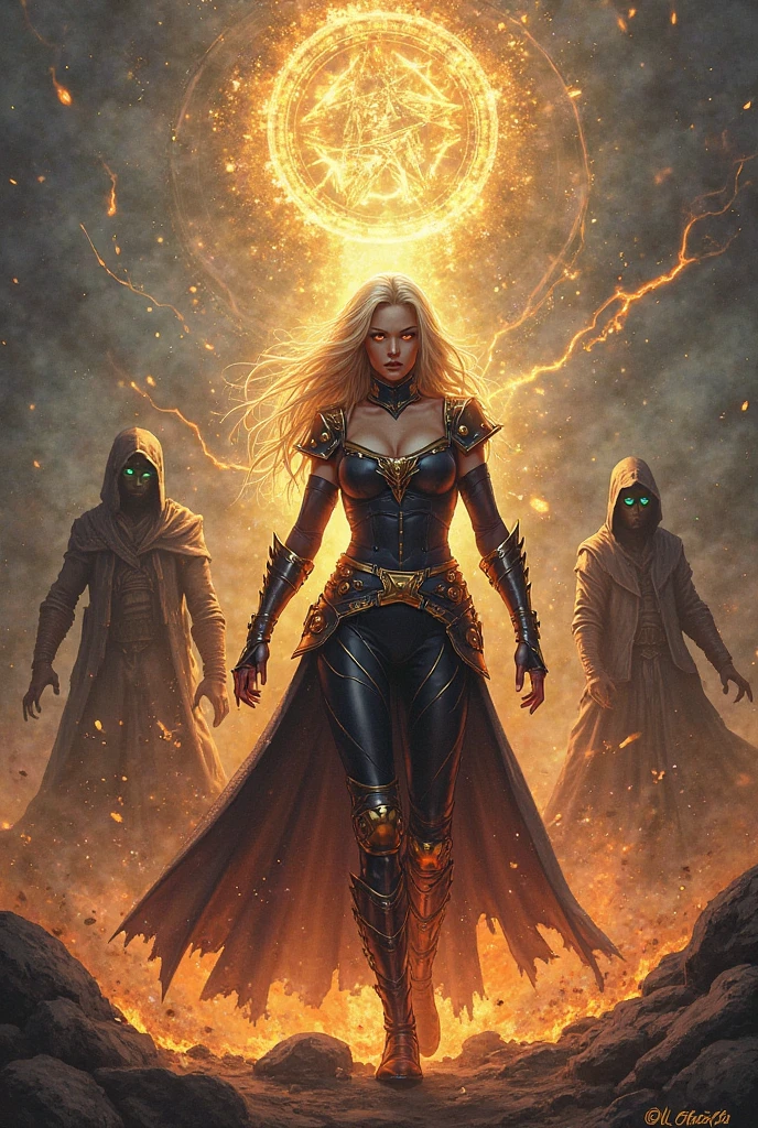 masterpiece, Rogue assassin girl, wearing a hood, blonde hair, shrouded in shadows, holding a flaming dagger in each hand, vibrant glowing abyssal colors, entirely in frame, FULL BODY, radiating electrical energy, shoulder length messy hair, Full body, Beautiful anime waifu style girl, hyperdetailed painting, luminism, art by Carne Griffiths and Wadim Kashin concept art, 8k resolution, fractal isometrics details bioluminescence , 3d render, octane render, intricately detailed , cinematic, trending on art station Isometric Centered hyper realistic cover photo awesome full color, hand drawn , gritty, realistic, intricate, hit definition , cinematic, Rough sketch, bold lines, on paper, vibrant, epic, ultra high quality model