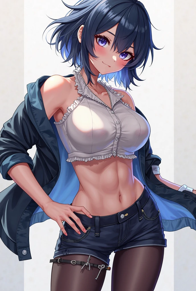 shiroganenaoto,1girl,solo,tube top,shorts,thighhighs,large breasts,heavy blush,deep cleavage,(grey eyes:1.2)<lora:shirogane naoto:1>