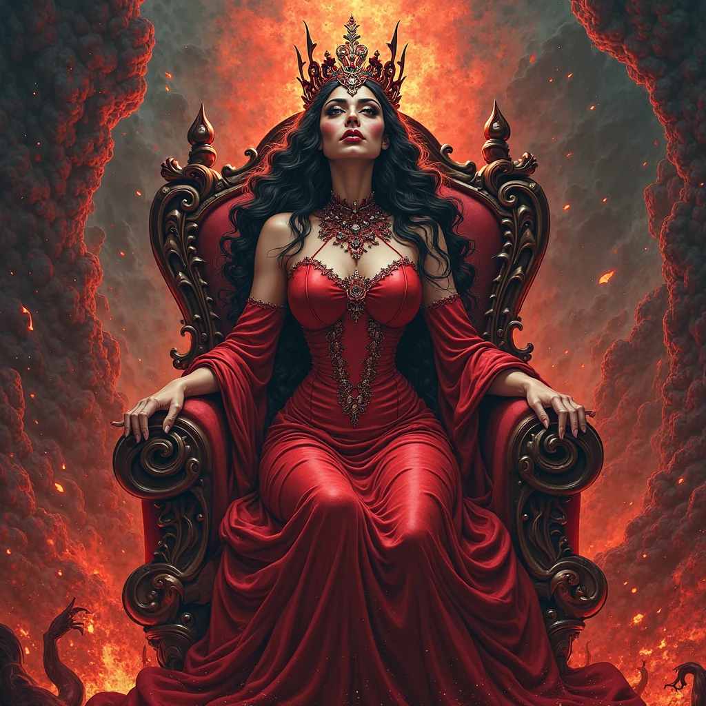 Arafed a picture of the queen of demons, in the halls of hell, a demons queen magnificent and full of awe, black hair, long hair, flowing hair, bold intense eyes, extremely exquisite beautiful queen, perfect body, (anatomically correct: 1.3), ultra feminine, ultra detailed face, black lips, fiery glowing eyes, (demonic horns from head: 1.1) , (red skin: 1.1), dynamic angle, there is (golden crown on her head: 1.1) , studded with diamonds and rubies, the hall of the queen of hell background, (masterpiece: 1.4) intense details, highly detailed, photorealistic, best quality, highres,16k, [ultra detailed], masterpiece, best quality, (extremely detailed), close up, ultra wide shot, photorealistic, RAW, fantasy art, dnd art, fantasy art, realistic art,((best quality)), ((masterpiece)), (detailed: 1.5)