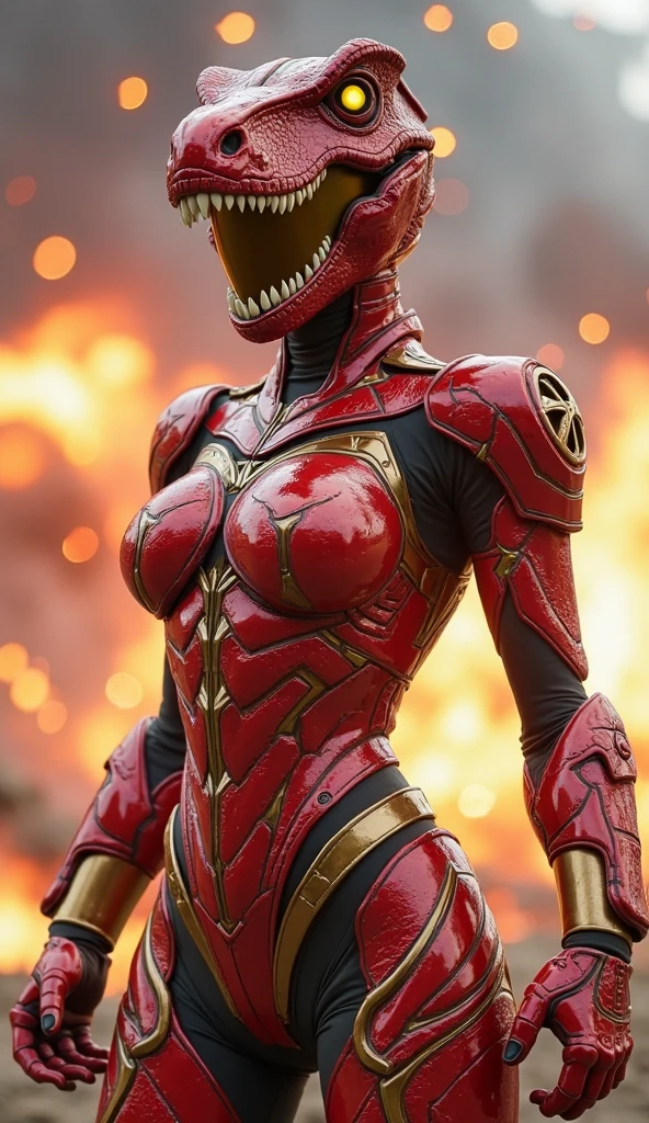 Super realistic, super detailed, woman, four human arms, in attack position, snake down waist, humanoid, scaled on 60% of the body, chrome red skin, staring at the viewer, medieval corridor scenario, mega realistic