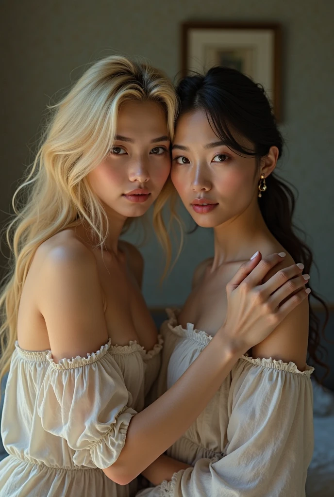 (masterpiece, ultra-realistic) A detailed and beautifully rendered portrait of a 19-year-old woman named Lila Nakamura. She has a unique mixed Japanese and Northern European heritage, giving her a distinct and captivating appearance. Lila has straight, shoulder-length blonde hair with subtle blonde highlights, styled in a neat and polished manner. Her almond-shaped eyes are a striking light blue, highlighted with subtle eyeshadow and defined by thick, dark black eyeliner. Her glossy lips add a touch of elegance, and her expression is cute and endearing. Her skin tone is light, with a natural and fresh look, complemented by a few delicate freckles across her nose. She is dressed in a simple yet professional outfit, featuring a white blouse and dark jeans, accessorized with small gold hoop earrings. The background is a neutral studio setting with soft lighting that perfectly highlights her features, creating a warm and inviting atmosphere.