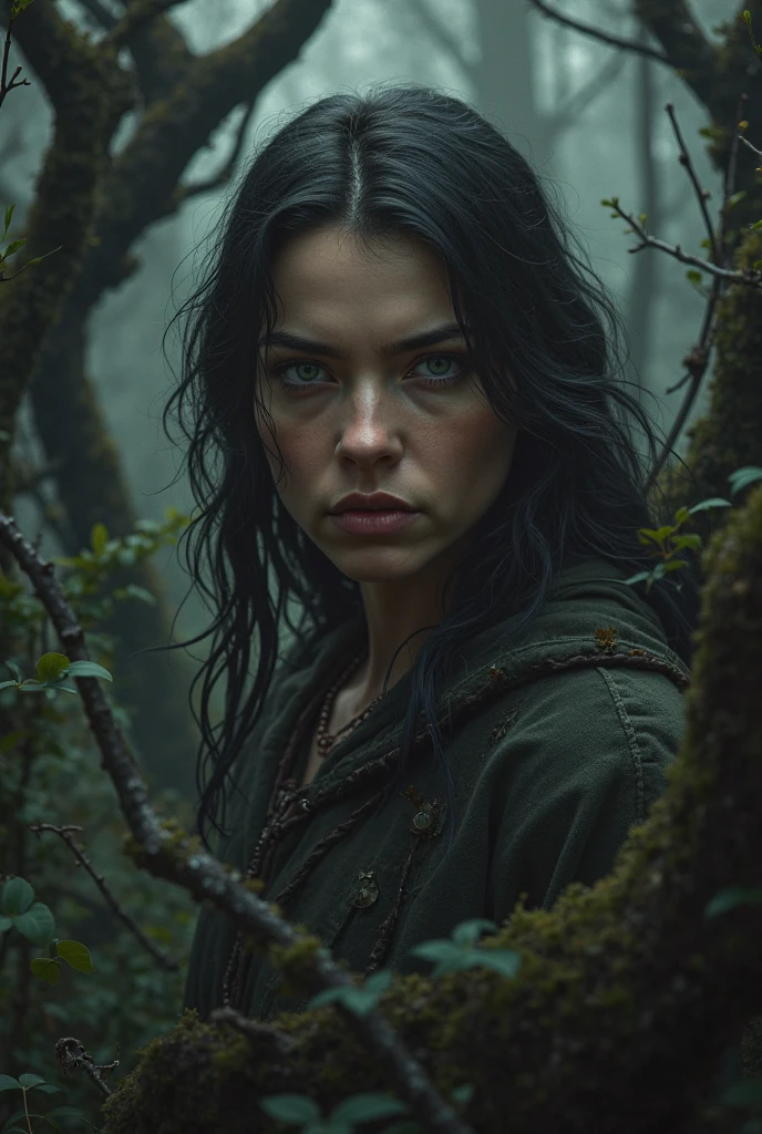 In the heart of the dense, moonlit forest, a haunting figure emerged from the shadows. She was a woman, but something about her was profoundly wrong. Her eyes glowed with a predatory intensity, and her mouth, stretched into a grotesque grin, revealed unnaturally large and numerous teeth, jagged and sharp. Her tangled hair hung like a dark veil around her gaunt face, and her skin was pallid, almost translucent under the eerie light. Clad in tattered, filthy garments, she moved with an unsettling grace, as if she were gliding rather than walking. The forest seemed to hold its breath, the usual nocturnal sounds silenced in her presence. As she drew nearer, the air grew colder, and an overpowering sense of dread filled you, making you feel as though the very trees were closing in, trapping you in this haunted place with her.