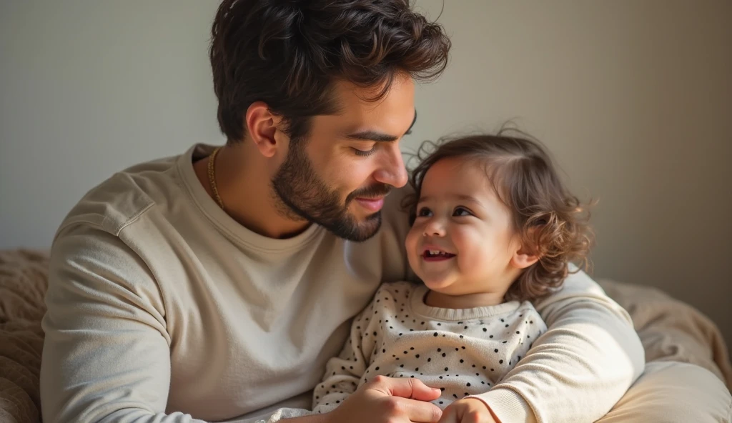 there is a man holding a baby and kissing his face, father with child, daddy/fatherly, caring fatherly wide forehead, pexels contest winner, fatherly, hipster dad, portrait featured on unsplash, curly black beard, cool dad vibes, with a kid, father, two men hugging, masculinity, black curly beard, thick black beard, unconditional love --auto