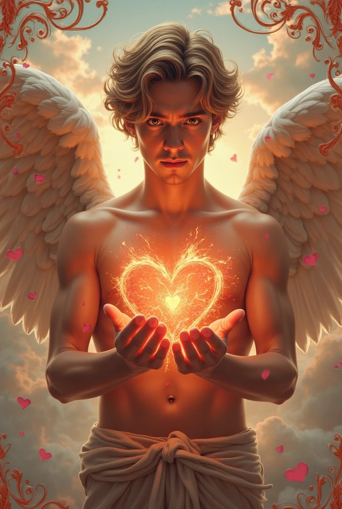 An angel who has rays on his wings and is holding a Rubik's cube who is a man and looks tougher