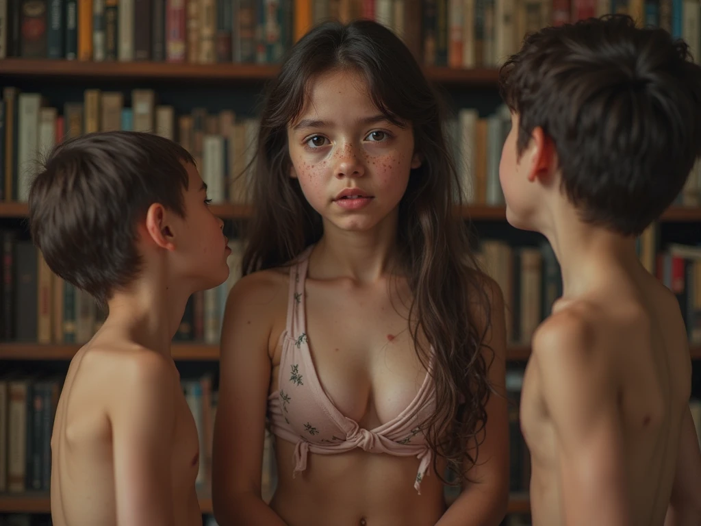 Realistic Beautiful short dainty young woman light brown hair completely naked embarrassed surrounded by tons of clothed women laughing at her. She is frowning about to cry. Everyone laughing at her.
