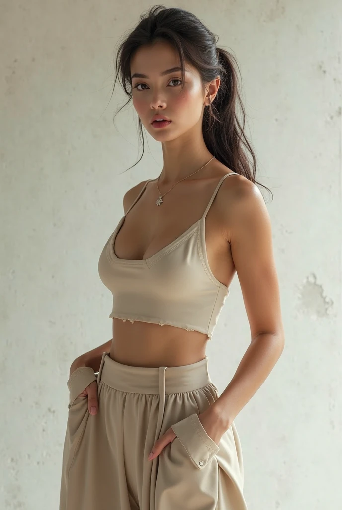 [((Sophie Tan:1.3)), a young and attractive Asian woman, posing in a makeshift shelter in a Southeast Asian shanty town. She is wearing ((a mini skirt that has blown up, revealing her buttocks, paired with a torn sleeveless top:1.3)). Her hair is styled in loose, unkempt waves, and she has a seductive, alluring expression. The background features corrugated metal sheets, makeshift furniture, and muddy ground. The scene is captured with a ((mirrorless camera:1.2)) using a ((50mm prime lens:1.2)) to keep Sophie in sharp focus while the background is slightly blurred. Post-production enhances the natural colors and adds a ((soft bokeh effect:1.1)) to the background. The image should be in ((8K resolution:1.1)) with ((hyper-realistic detail:1.3)). The backdrop highlights the shanty town setting with detailed textures of metal sheets and makeshift structures. The focus is on Sophie’s blown-up mini skirt exposing her buttocks, capturing a seductive and alluring scene. Daylight is used with slight enhancements to create a bright and inviting atmosphere, with a ((soft bokeh effect:1.1)) on the background, enhanced vibrancy, and high contrast to make the scene pop. Sophie is standing with one hand gently touching her mini skirt, looking off to the side with a seductive expression, exuding elegance and allure, embodying street chic.]