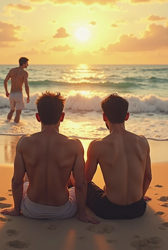 (2heads), skinny 18 year old man with frail physique, blonde, brown hair, low cut t shirt,shorts, sitting on a beach chair, watching sunset at beach