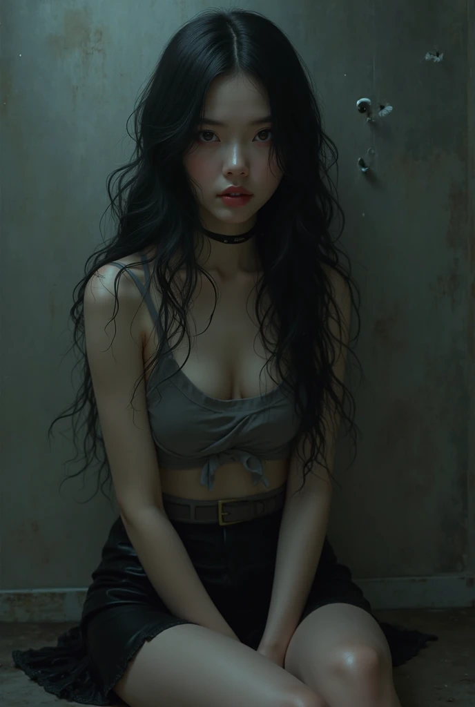 a beautiful young girl, 15 years old, small breaats, with long black hair and dark eyes, standing between heaven and hell, heaven light, hell fire cinematic lighting, dramatic atmosphere, hyper detailed, 8k, photorealistic, masterpiece, chaos, studen underwear, crazy, horror, rope, kidnaping, wearing an Anonymous face mask, movie face mark, wearing a horror mask