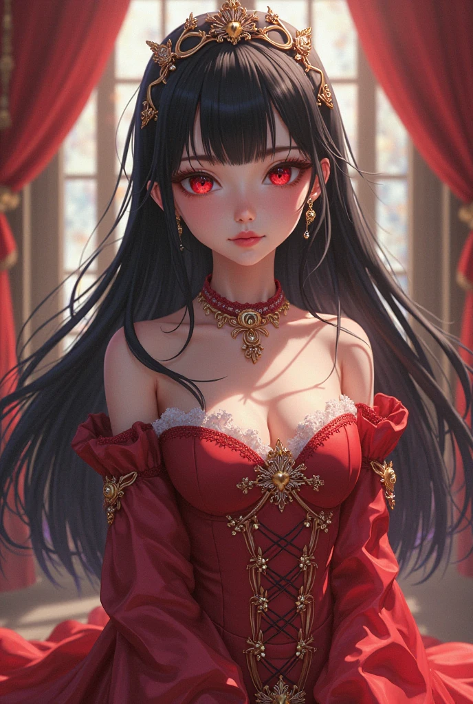 Anime girl in a red and black dress with red flowers in her hair, artwork in the style of guweiz, Guweiz, Chinesa, trends on cgstation, cute anime waifu in a beautiful dress, guweiz on pixiv artstation, Palace , a girl in hanfu, beautiful digital art, Guweiz on Artstation Pixiv