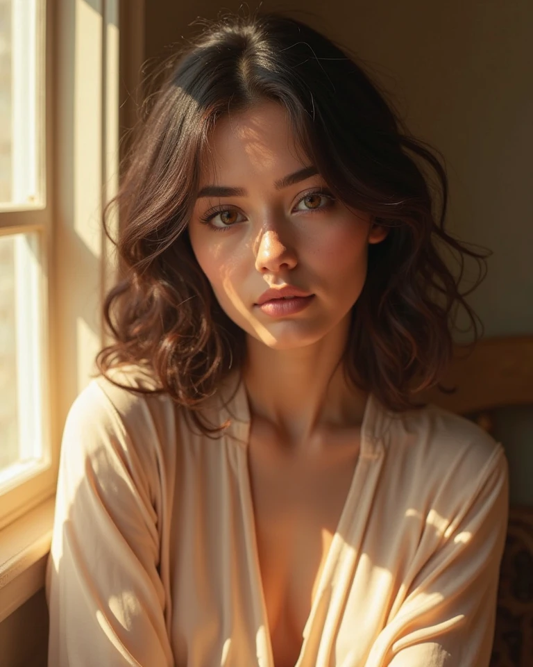 instagram photo, 21yo french woman, short hair, black hair, closeup portrait, sweater, cleavage, pale, hard shadows 8K UHD, high color depth, Nikon D 850, Kodak Portra 400, Fujifilm XT