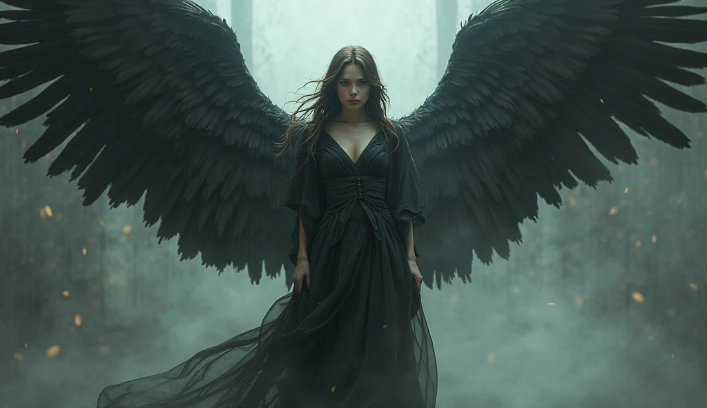 A girl in the image of a fallen angel with bone wings and a bone corset, black leather skirt, flying in the air overhead, a view up her skirt of tight panties, dark demonic terrifying, many details, gloomy atmosphere, extremely detailed, 8k, hyperdetailed, masterpiece
