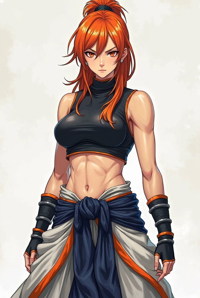 masterpiece, best quality, <lora:alkaid-nvwls-v1:0.9> standing on one leg. alkaid, antenna hair, black crop top, sleeveless, cleavage, gauntlets, black pants, clothes around waist, white overskirt, large breasts, arm tattoo, red hair,