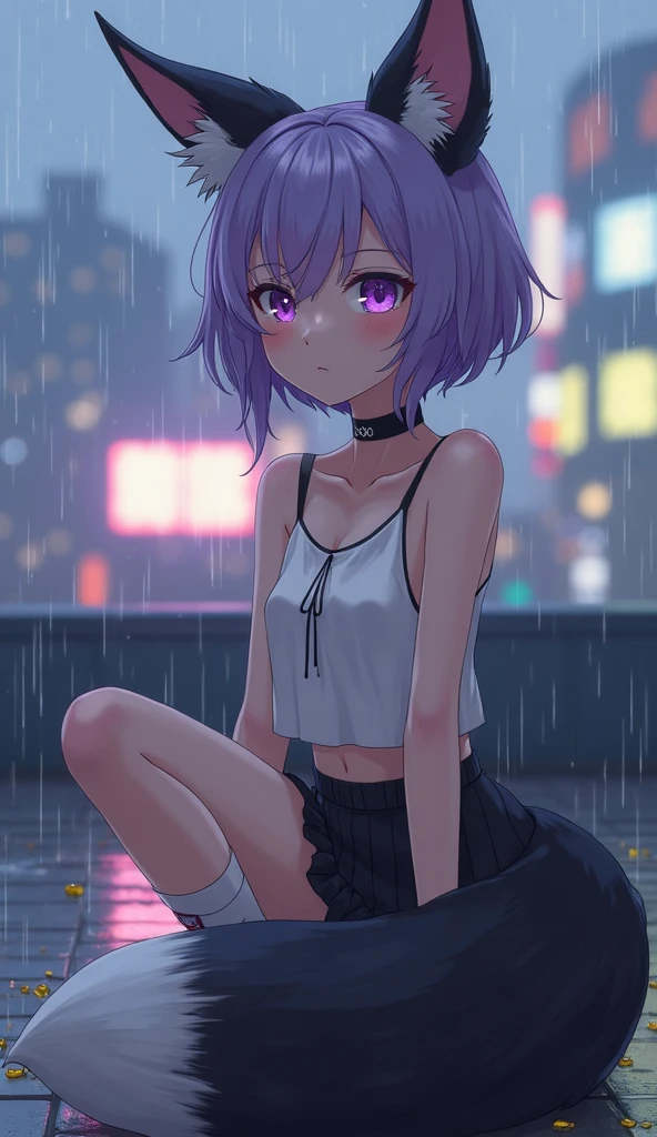 cyber punk perssonage,the street,rainy days,The girl held an umbrella on the side,blue pink hair,Beautiful eyes,Cute,Bare legged