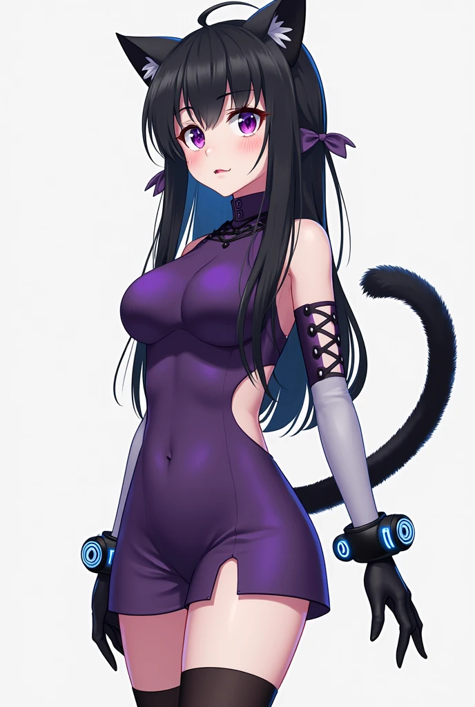(masutepiece),(Best Quality),extremely delicate and beautiful,Illustration,((Perfect female figure)),a 20 yo woman,1 Rider Girl,i:P Masquerena, body suit,black very long hair,Twin-tailed, Purple eyes, Background of Cyberpunk City,Cat Ear Helmet,