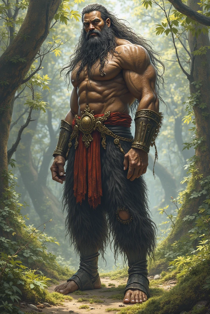 A druid of the half-orc race, with braided beard and dreadlocked hair, with long, muddy clothes. inspirado no jogo do RPG d&d