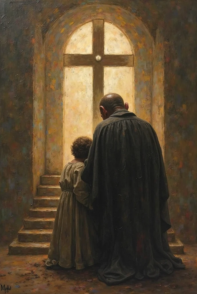 Create an image where you can see an image taken by a security camera (from above) in the 90s to a Colombian man (similar to Luis Alfredo Garavito) 4 (short black hair, scrawny and tall) dirty appearance from behind without his face being seen, dressed as a priest (with hair ) holding a child's hand (also from behind)
