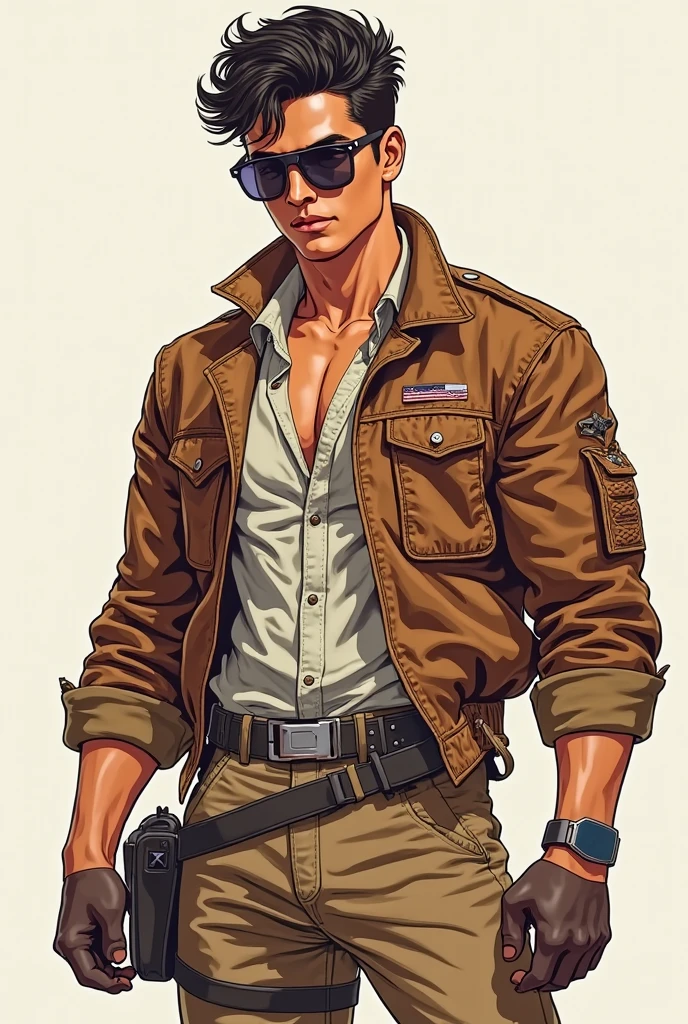 A stylized watercolor digital illustration, attractive, fashion, middle-aged tanned skinning man, age 36 top angle shot, light brown short messy hair, a big metropolis as the background, cinematic light, yellow shirt, cargo shorts, Art by Carne Griffiths and Wadim Kashin, Yoji Shinkawa, Peter Draws, heavenly handsome face, detailed eyes, big greek nose, perfect anatomy, natural hand poses, natural legs poses, approaching perfection, dynamic poses, luminism, highly detailed, sharp focus, full body shot, 8k UHD, masterpiece, ultra fine detail. --auto --s2