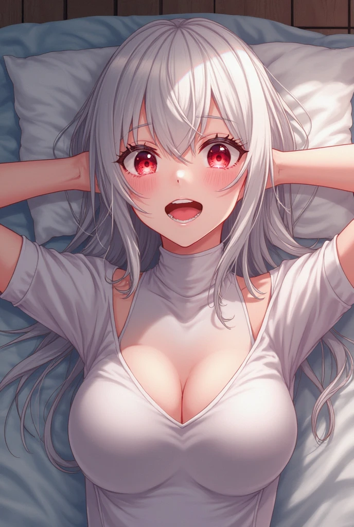 1girl, (masterpiece), (best quality), POV, upper body, looking at viewer, long hair, white hair, arched eyebrows, light pink hoodie, gray chino pants, disheveled clothes, opened clothes, large breasts, bra, perfect body, stomach, dark room, concrete floor, garbages, on back, <lora:Rabbithole2:1>