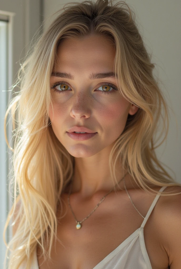 ((Masterpiece, best quality)),photography, detailed skin, realistic, photo-realistic, 8k, highly detailed, full length frame, High detail RAW color art, diffused soft lighting, shallow depth of field, sharp focus, hyperrealism, cinematic lighting,close up, smiling, beautiful blonde edgAus_woman, posing for a picture, a portrait of a woman, v shaped cleavage , with frills