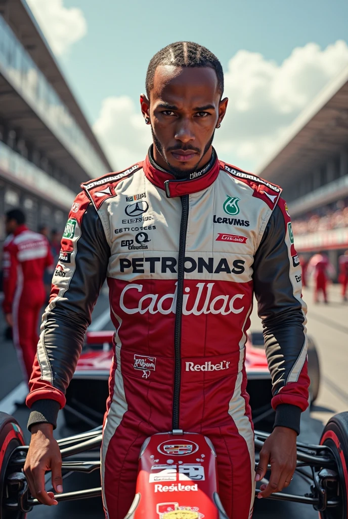 A male Formula 1 driver with dark skin color taking the presentation photo looking forward with his arms crossed