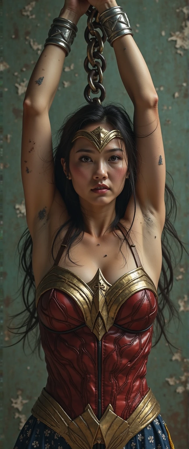 highest quality, masterpiece, High resolution, Photoreal, sharp, RAW photo, 8k wallpaper, Flawless, professional lighting, very detailed, written boundary depth, ((one beautiful woman, japanese mature)), (20 years old)), women sexy, detailed face, beautiful eyes, bangs, well-shaped small breasts, light brown straight hair, faint lips, ((stand in front, side view, serious face eyes.)), (((raise both arms up)))((skin shining with sweat,Armpits shining with sweat:1.0)), Wonder Woman, wearing Wonder Woman red corset, rise eyebrows, slender, tied up and chained in dungeon, (((shackles)), ((shackles and arms down, wrists tied)), bondage, chains wrapped on arms, slavery, restraint, (basemend wall backgroun, dirty, dark, creepy), best quality, masterpiece, both arms up, angry, hanging, muscle armpit, struggling, unable to break free, wide shot, hair behind head, small breast, small chest, ((shackled wrist)), ((shackled arms), comic style, asian
