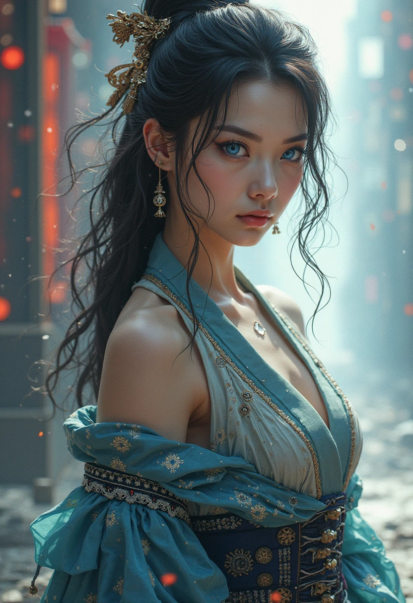 (((Otohime)))、young woman、(Beauty)、Japanese、cute、1、Sexy unbuttoned kimono、Background: Dragon Palace in the sea、(best quality,4K,8k,highres,masterpiece:1.2),ultra-detailed,(realistic,photorealistic,photo-realistic:1.37),HDR,uhd,studio lighting,ultra-fine painting,sharp focus,physically-based rendering,extreme detail description,professional,vivid colors,bokeh,cinematic lighting,dramatic shadow,