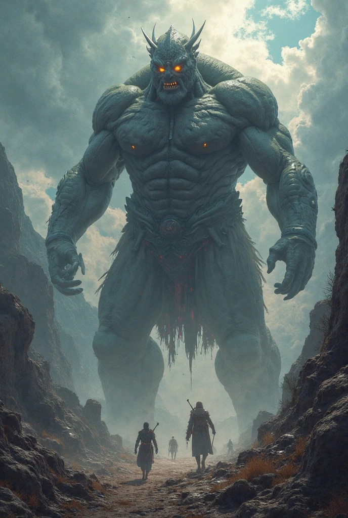 Imagine a vast mountain range, covered by a dense, oppressive fog that partially hides the jagged peaks and deep valleys. In the middle of this scenario, a huge giant appears, so big that its head is lost among the dark clouds. His figure is a terrifying and majestic sight at the same time..
The giant is a stone creature, as if it had been carved directly from the rock of the mountains. His skin is rough and covered in moss, with fissures that glow faintly as if there were lava flowing inside. Your eyes are like two glowing headlights, illuminating the fog around it with an ominous orange glow. He is standing, Stately, with gigantic feet sunk into the earth and rocks, as if he himself were part of the mountain.
Sua postura é Stately, with his chest puffed out and his muscular arms crossed in front of his body. In one hand, he holds a huge stone sword, whose blade is as large as the peak of a smaller mountain. The sword is stuck in the ground, splitting the earth and creating a deep fissure that seems endless. The other hand is open, as if the giant was about to grab something or someone, leaving in the air a sense of imminent danger.
Around the giant, the wind blows fiercely, dragging clouds of dust and rock fragments, as thunder rumbles in the distance, making the mountains tremble slightly. Small rivers of lava run down the sides of the mountains, fueled by the intense heat that seems to emanate from the giant itself, creating a contrast between the orange glow of the lava and the cold gray of the rocks.
On the slopes of the surrounding mountains, ancient, twisted trees are bent as if trying to escape the giant's presence. Some peaks are partially destroyed, as if they had been crushed by its unimaginable strength. The sky above him is a deep gray, dotted with lightning that illuminates the colossal silhouette for brief moments, this