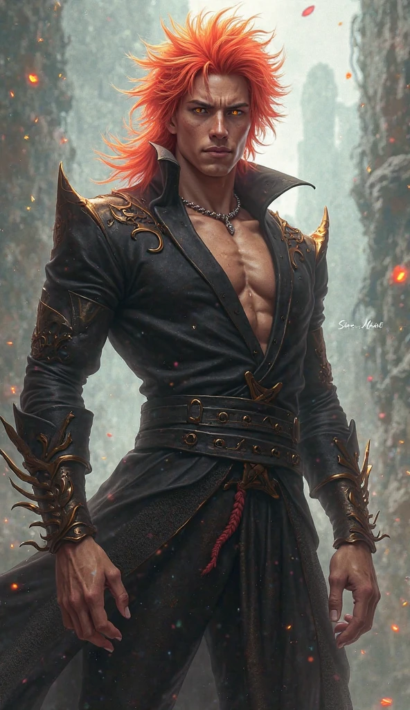 niji mode, ancient fantasy setting mixed with steampunk, a young dwarf elf with orange skin, pierced pointed ears, a mechanical arm, a platinum crew cut displays a piercing gaze and a confident demeanor. Adorned in a two-piece fusion outfit, perfectly blending Western and Eastern influences, he wears a comfortable dark t-shirt paired with a vibrantly colored jacket. The bottom half features loose-fitting white utilitarian pants, and its long, chunky boots echo through the hallways of a retro-futuristic architectural landscape. The overall aesthetic captures the essence of a refined and mature anime-inspired rogue, face with red tribal face paint, extremely detailed glowing gradient eyes, ultra-fine painting, exquisite and mature, Anatomically correct, creativity, Natural light, Cinematic magic lighting, best shadow , Work of art, art book, Studio ghibli, metal hurlant, moebios.