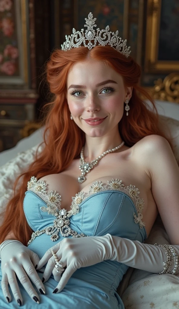 queen , photo vintage, visage feminin parfait, REDHAIR  , tache de rousseur, 1788, big huge breasts : 68F, Rembrandt LIGHT ,  EXTREME LONG V-NECK, BIG CLEAVAGE,  BEAUTIFUL EYES, LIGHT SMILES,  PERFECT FACE,  CASTLE BACKGROUND, QUEEN, NECKLACE, RING, JEWELERY RICH, SFW, FULL BODY, COLORFUL, transparent LINGERIE , full frame, crown