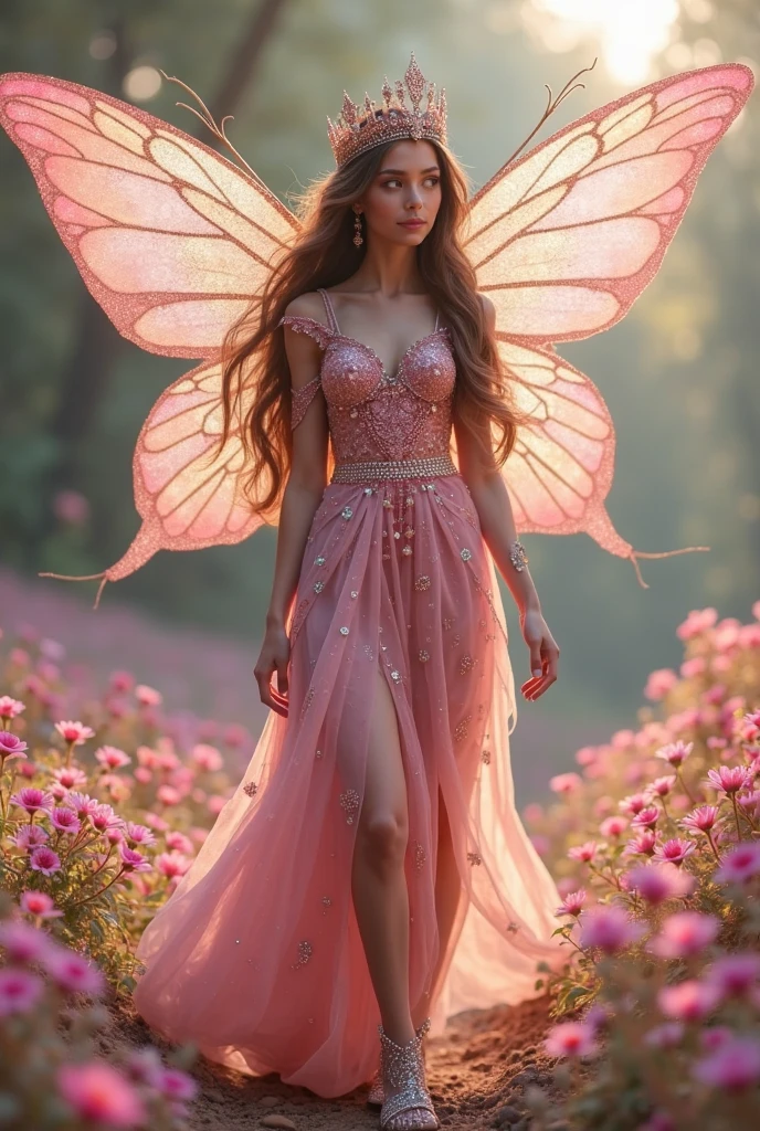 (medium full shot) of (ethereal fairy) young woman, philippine, brown eyes, tan skin, medium build, wearing a __cf-fairy/dress__, satin slippers with bow details, golden loose curls with fairy dust, iridescent wings, sparkling eyeshadow,enchanted bracelet with tiny charms, smiling at the viewer, set in a vibrant garden, bursting with color and life, where every flower and plant seems to dance in the sunlight , at sunset, Masterpiece,best quality, photorealistic, amazing quality, very aesthetic, extremely detailed face,
