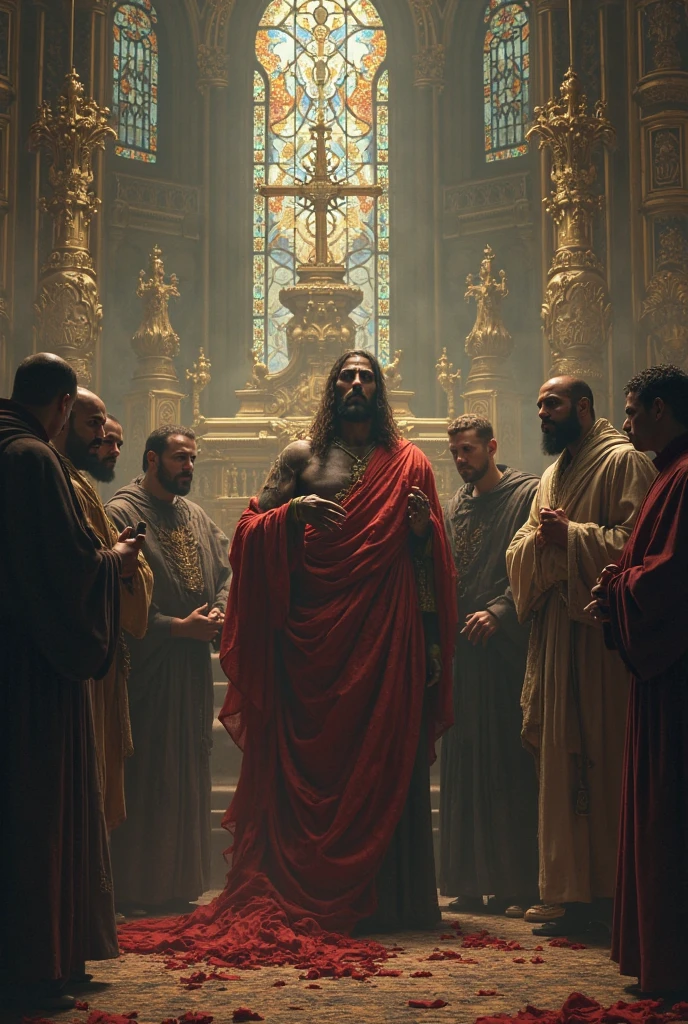 create a realistic image of a bearded man with a wreath of thorns on his head who has devil's horns, the man has a demonic look and is kneeling, his clothing is a white robe, around him stand 12 biblical apostles