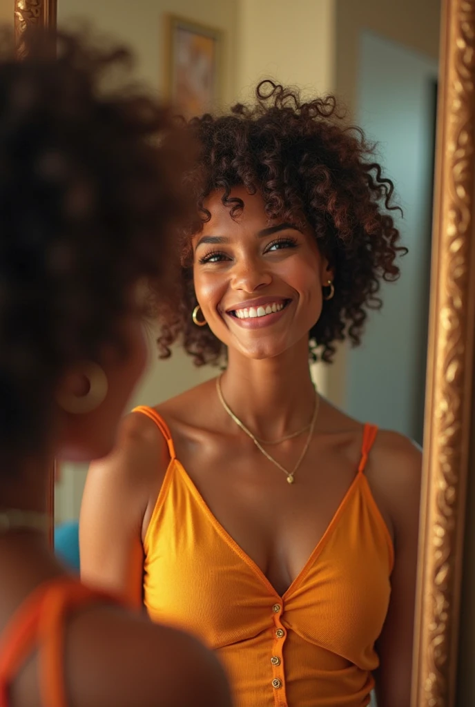 A Brazilian woman with light skin, with voluminous curly hair in a hotel room in front of the mirror, just around the corner, with a close-up capturing your sexuality